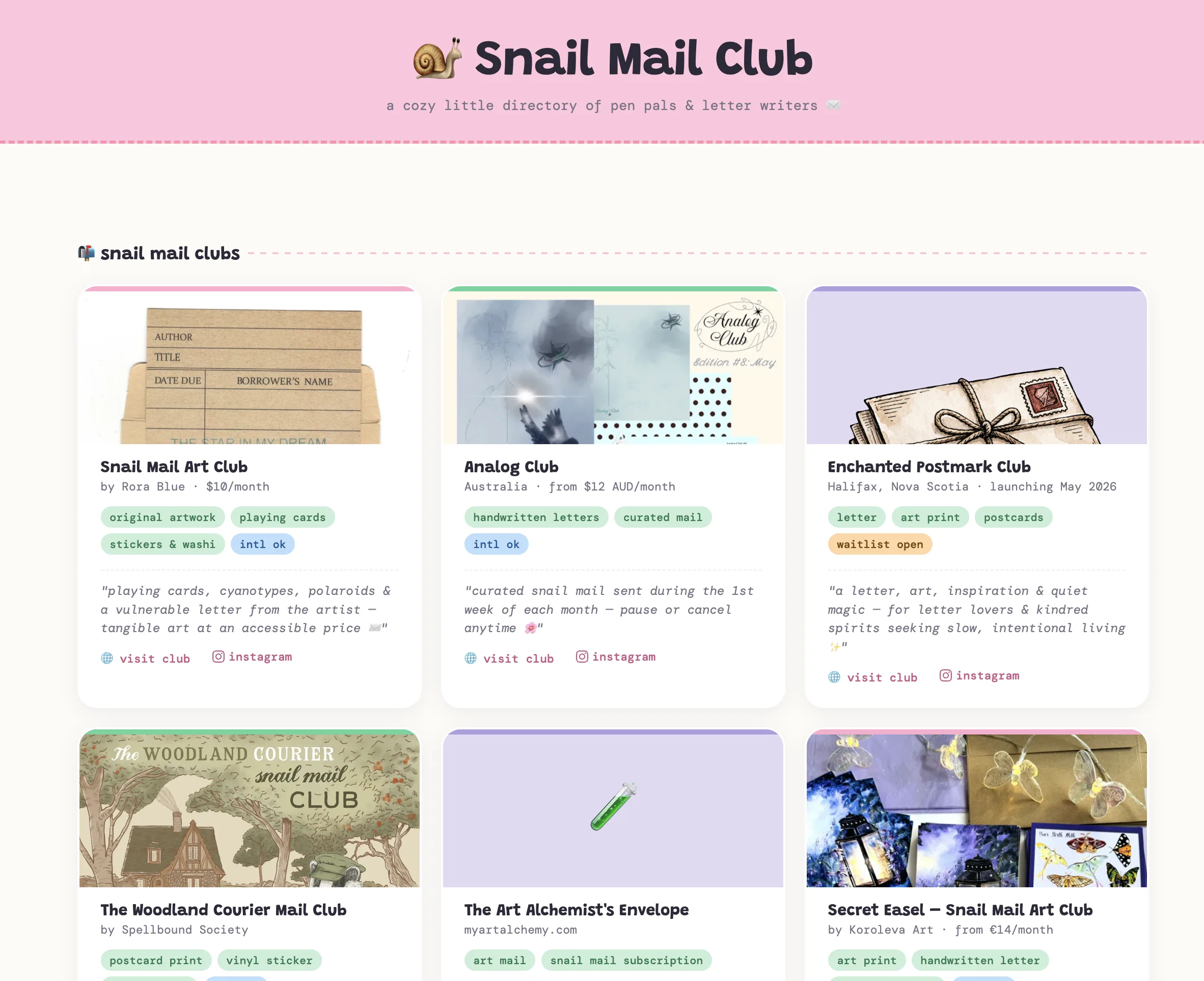 Screenshot sito Snail Mail Club